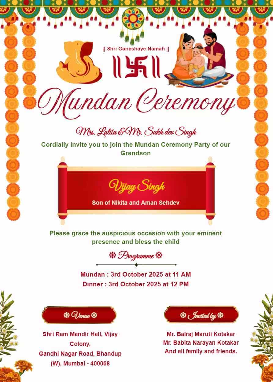Mundan Ceremony Invitation Card Template invite Guru