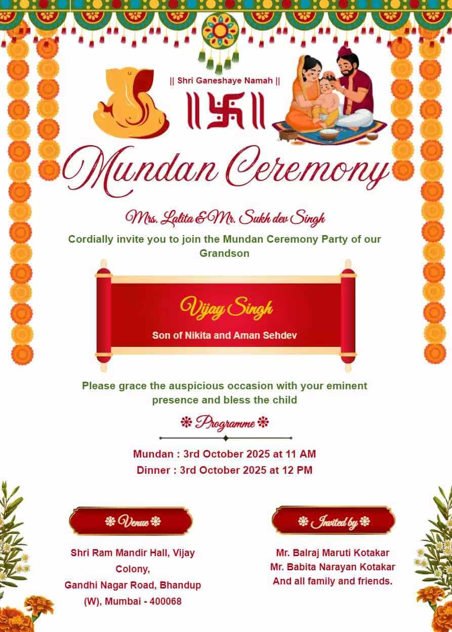 Mundan Ceremony Invitation Card In English​